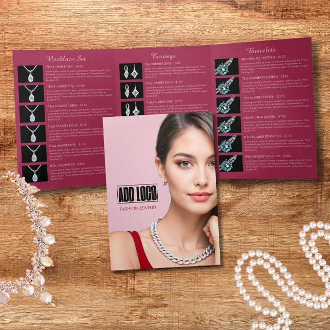 Modern Pink Fashion Jewellery Business Logo Brochu Tri-Fold Card (Creator Uploaded)