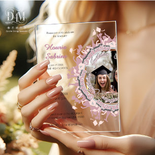 Modern Pink feminine Graduate silhouette Border Acrylic Invitations