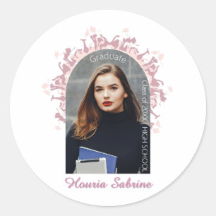 Modern Pink feminine Graduate silhouette Border Classic Round Sticker