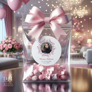 Modern Pink feminine Graduate silhouette Border Classic Round Sticker