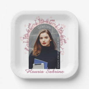 Modern Pink feminine Graduate silhouette Border Paper Plate