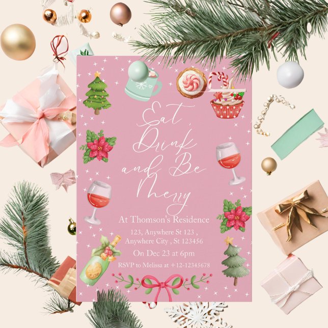 Modern Pink Festive Colourful Eat Drink & Be Merry Invitation (Creator Uploaded)