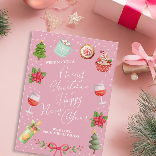 Modern Pink Festive Merry Christmas and New Year Holiday Card (Creator Uploaded)