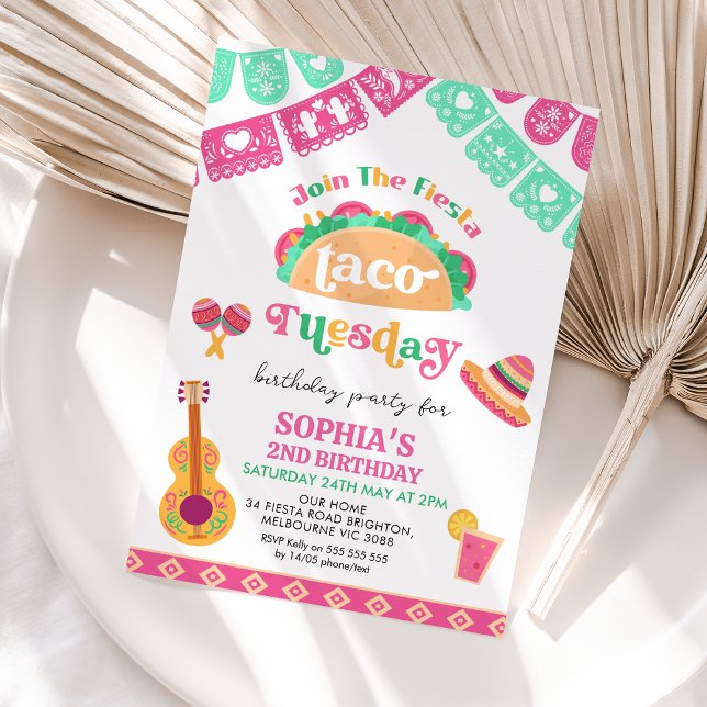 Modern Pink Fiesta Taco Tuesday 2nd Birthday  Invitation (Colorful Taco Tuesday 2nd Birthday Invitation Template, Fiesta 2nd Birthday Invitation, Mexican)