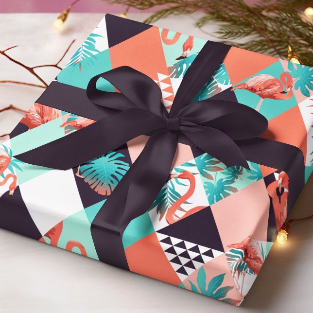 Modern Pink Flamingo Geometric Girly Chic Pattern Wrapping Paper (Creator Uploaded)