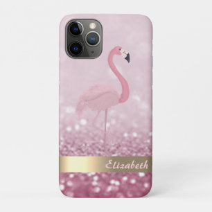 Modern Pink Flamingo Glitter Bokeh - Personalised iPhone 11 Pro Case