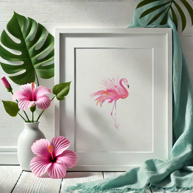 Modern Pink Flamingo Tropical Watercolor  Poster (watercolor paintings pink flamingo art by Victoria Grigaliunas of Do Tell A Belle)
