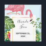 Modern Pink Flamingo Wedding Save the Date Magnet<br><div class="desc">A wedding save the date magnet with a cute and whimsical pink flamingo. Surrounded by green tropical leaves,  and red and yellow hibiscus flowers. A rectangle shaped,  gold gradient frame in the centre.</div>