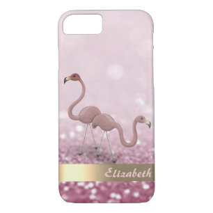 Modern Pink Flamingos Glitter Bokeh - Personalised iPhone 8/7 Case