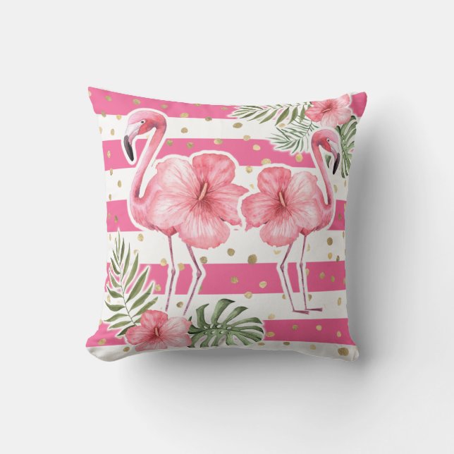 Modern Pink Flamingos Tropical Floral Leaves Cushion (Front)