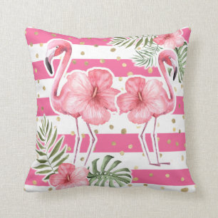 Modern Pink Flamingos Tropical Floral Leaves Cushion