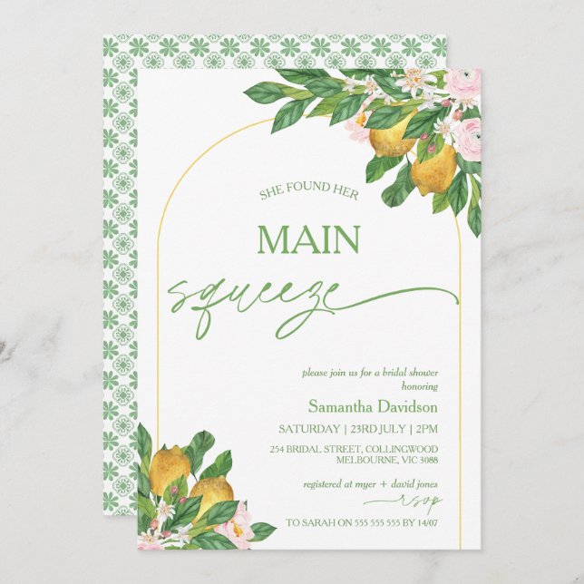Modern Pink Flora Lemon Main Squeeze Bridal Shower Invitation (Front/Back)