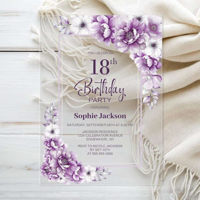 Modern Pink Floral 18th Birthday Party Acrylic Invitations (Creator Uploaded)