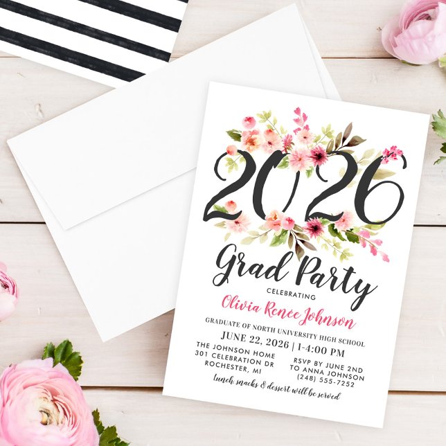 Modern Pink Floral 2024 Grad Party Graduation Invitation (Creator Uploaded)
