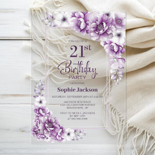 Modern Pink Floral 21st Birthday Party Acrylic Invitations