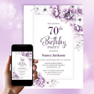 Modern Pink Floral 70th Birthday Party Invitation