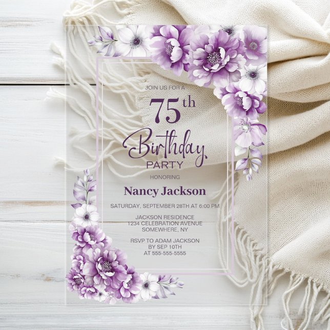 Modern Pink Floral 75th Birthday Party Acrylic Invitations (Creator Uploaded)