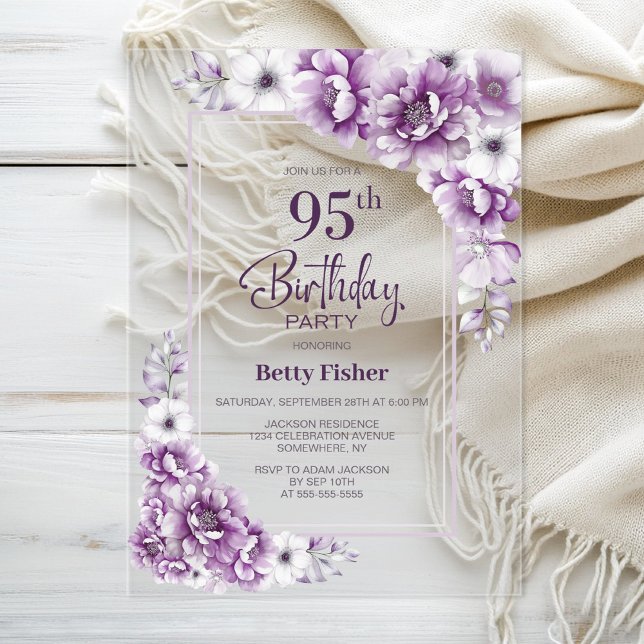 Modern Pink Floral 95th Birthday Party Acrylic Invitations (Creator Uploaded)