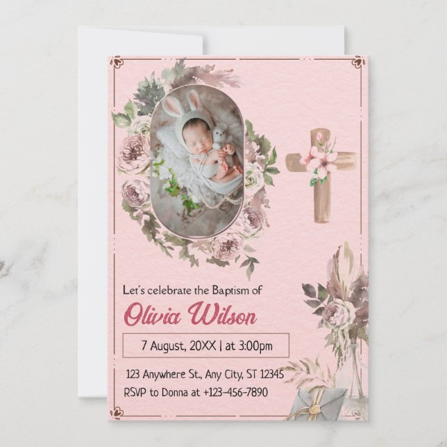 Modern Pink Floral Baby Photo Collage Baptism  Invitation (Front)