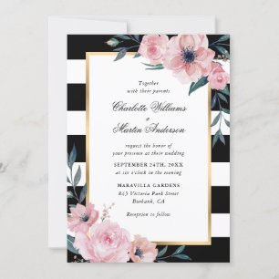 Modern Pink Floral Black Striped Wedding Invitation