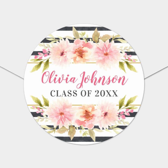 Modern Pink Floral Black Stripes Custom Graduation Classic Round Sticker (Creator Uploaded)