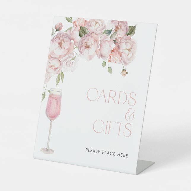 Modern Pink Floral Bridal Shower Gift & Cards Pedestal Sign (Front)
