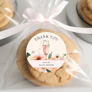 Modern Pink Floral Champagne Bridal Shower Classic Round Sticker