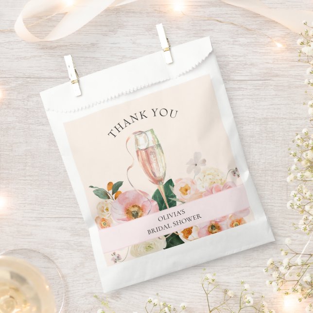 Modern Pink Floral Champagne Bridal Shower Favour Bag (Clipped)
