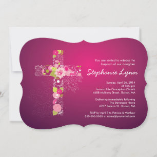 Modern Pink Floral Cross Girls Baptism Invitation