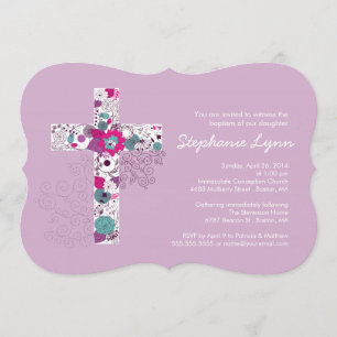 Modern Pink Floral Cross Girls Baptism Invitation