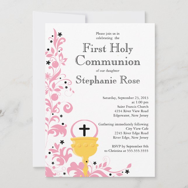Modern Pink Floral First Holy Communion Invitation (Front)