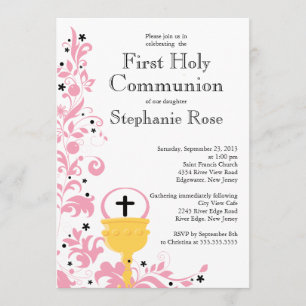 Modern Pink Floral First Holy Communion Invitation