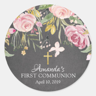 Modern Pink Floral First Holy Communion Sticker