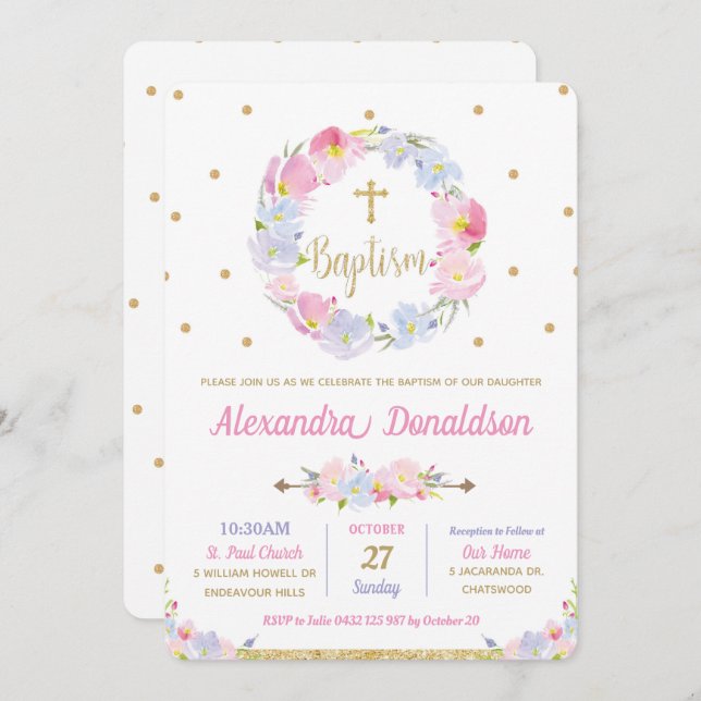 Modern Pink Floral Flowers Baptism Christening Invitation (Front/Back)