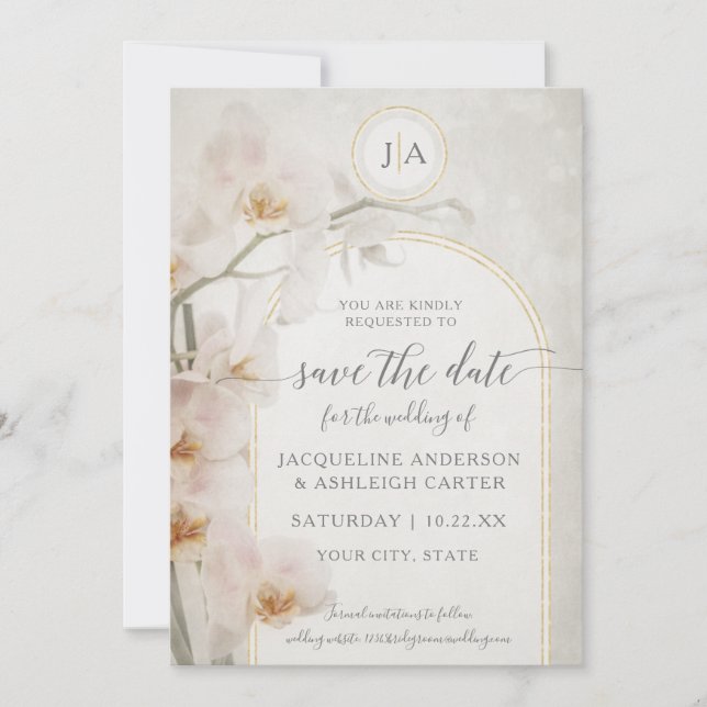 Modern Pink Floral Geometric Gold Glitter Orchids Save The Date (Front)