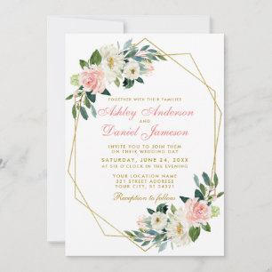 Modern Pink Floral Gold Geometric Frame Wedding Invitation