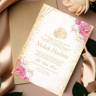 Modern Pink Floral Gold Islamic Aqiqa Aqeeqa Baby Invitation
