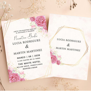 Modern Pink Floral Gold Spanish Nuestra Boda Invitation