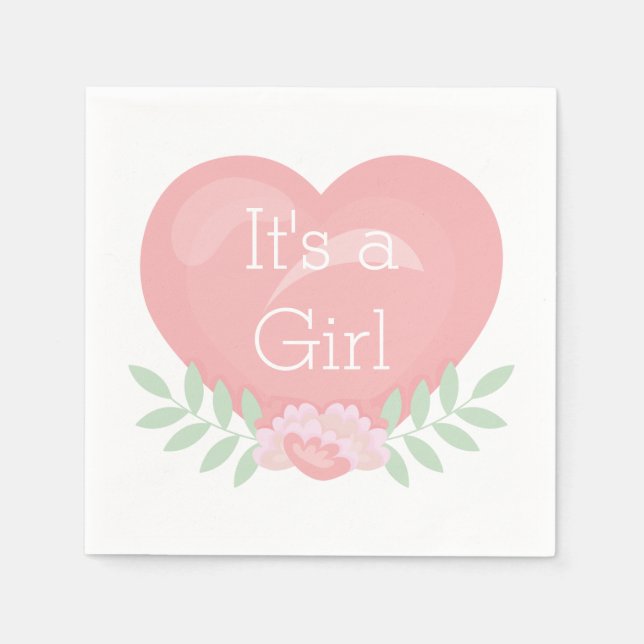 Modern Pink Floral Heart It's A Girl Baby Shower Napkin (Front)