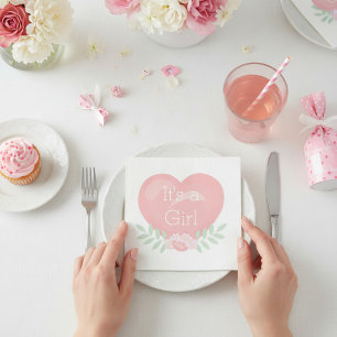 Modern Pink Floral Heart It's A Girl Baby Shower Napkin