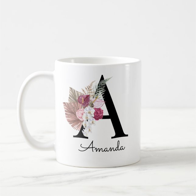 Modern Pink Floral Initial A  Coffee Mug (Left)