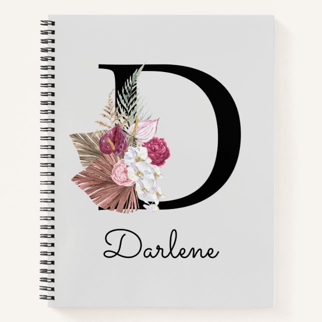 Modern Pink Floral Initial D Notebook (Front)