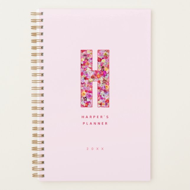Modern Pink Floral Initial Monogram Personalised Planner (Front)