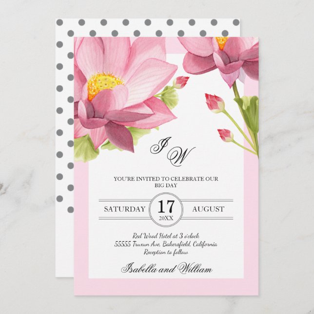 Modern Pink Floral Lotus Flower Wedding Invitation (Front/Back)