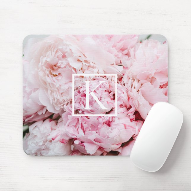 Modern Pink Floral Monogram Mouse Pad (With Mouse)