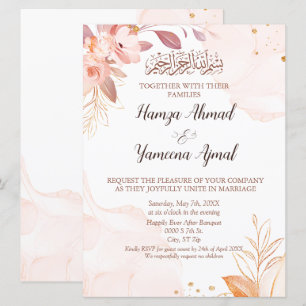 Modern Pink Floral Muslim Islamic Wedding  Invitation