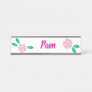 Modern Pink Floral Name Desk Name Plate
