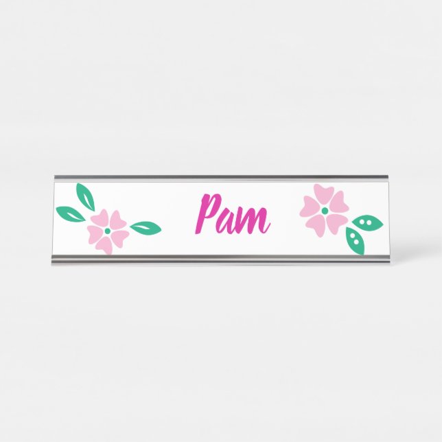 Modern Pink Floral Name Desk Name Plate (Front)