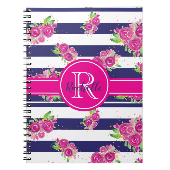 Modern Pink Floral Navy Striped Stylish Monogram Notebook (Front)