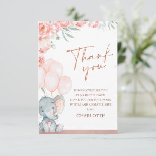 Modern Pink Floral Oh Girl Elephant Baby Shower Thank You Card